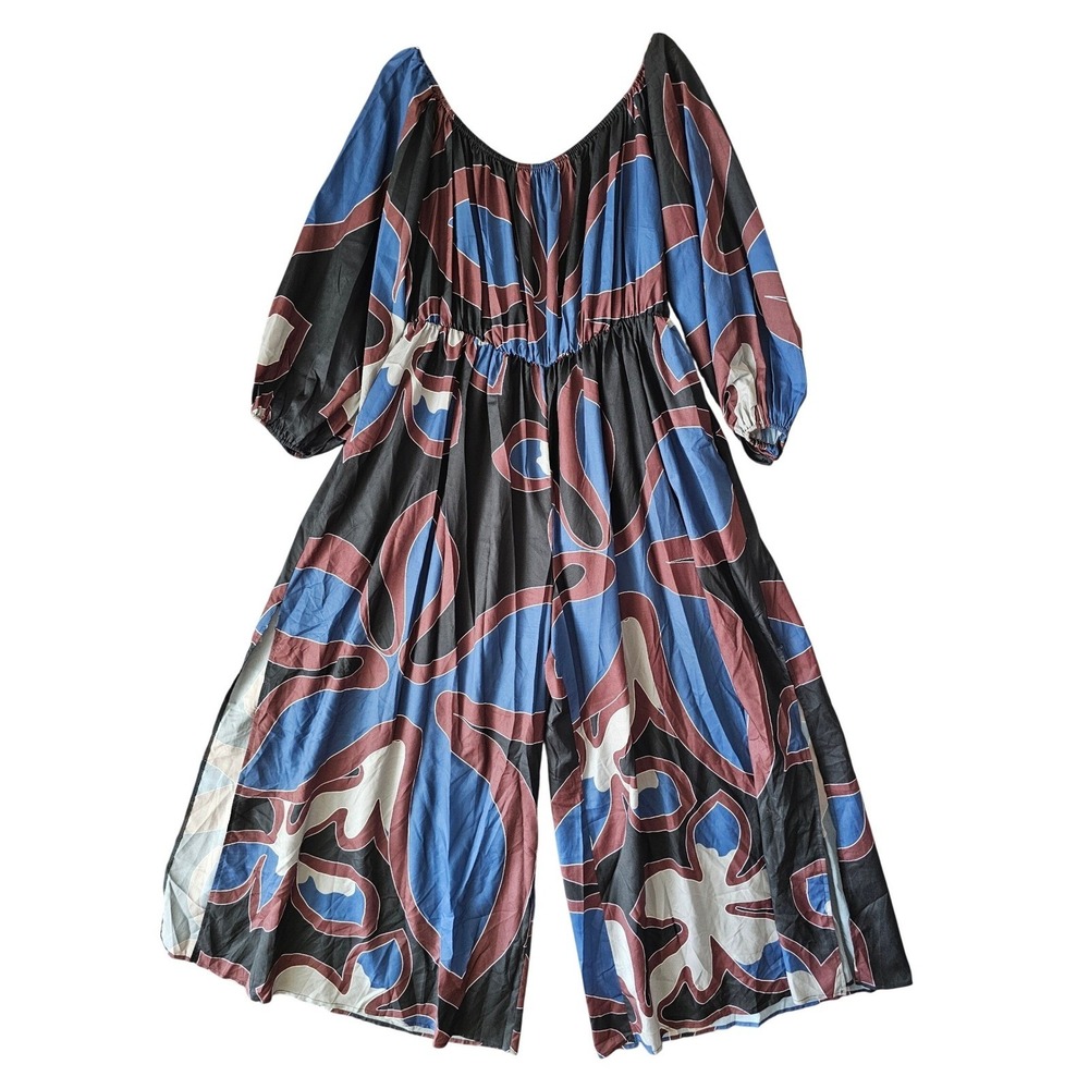Eien Womens 1XL Wide Leg Jumpsuit Abstract Blue Multi Boho Balloon Sleeve YJ01